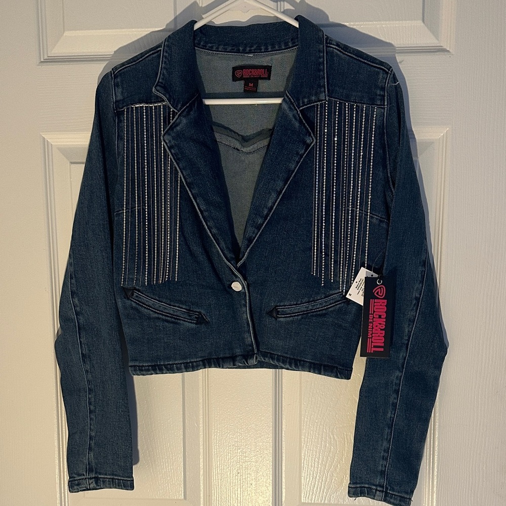 Rock & Roll Cowgirl Dark Blue Jean Jacket with Silver Accents